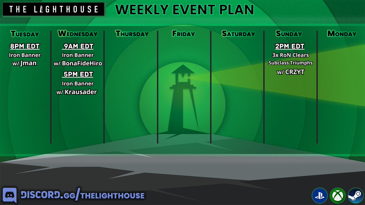 It's IRON BANNER week in the Lighthouse! Join us for some 6 stacking fun! Also, anyone need subclass RON triumphs? 

Join the Lighthouse Community Discord (link in bio)