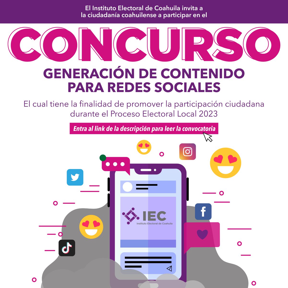 IEC_Coahuila's tweet photo. #IECInforma |
🤔¿Te gusta marcar tendencia? ¿Sabes de producción multimedia y diseño? 🙋🏻‍♀️🙋‍♂️
Inscríbete en el Concurso de Generación de Contenido para Redes Sociales y promociona la participación ciudadana en #Coahuila 🗳durante el #PEL2023.
Ingresa en: https://t.co/AzPimrjpVT https://t.co/2it2mw2wKZ
