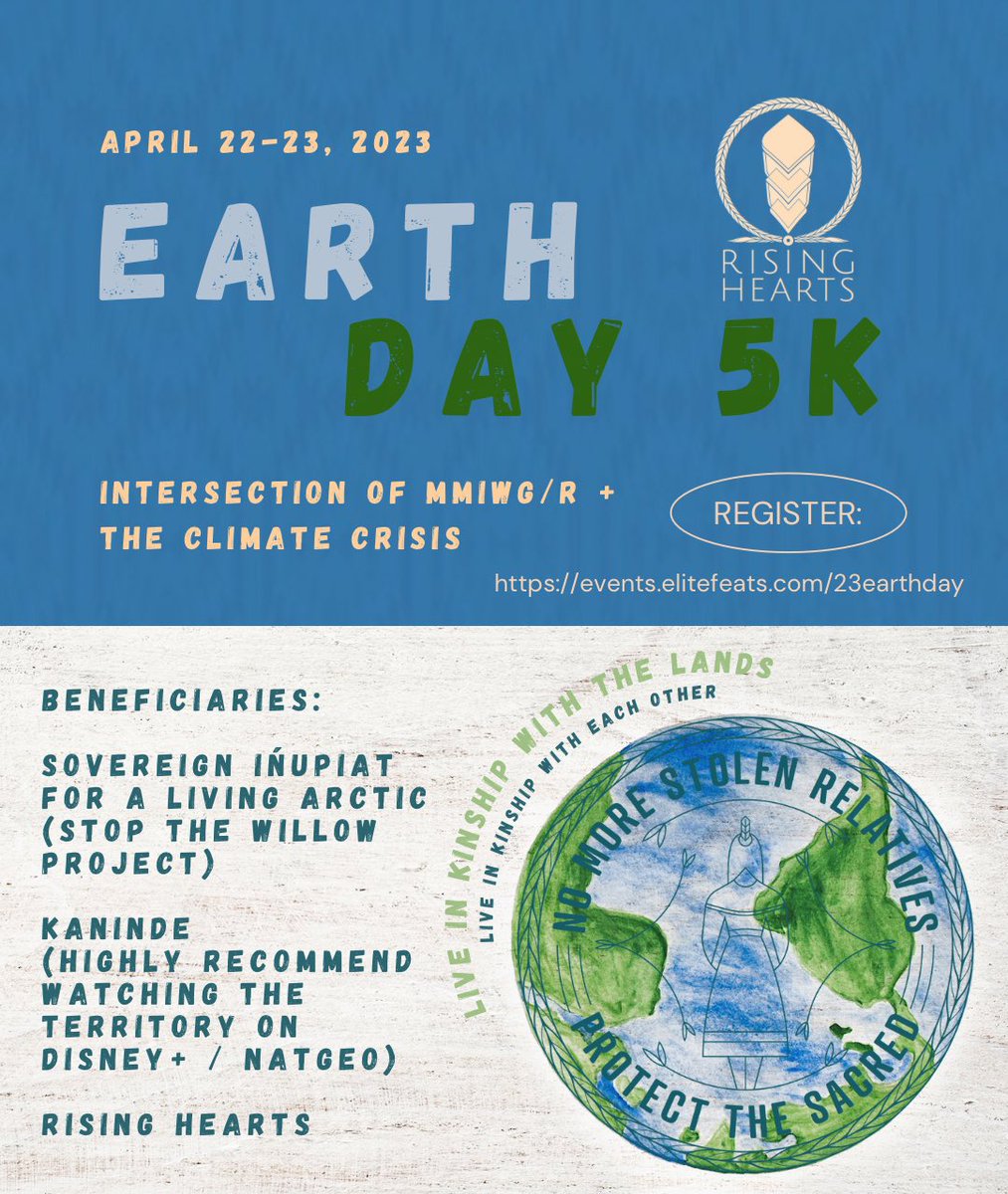 Excited to organize our first virtual and in person Earth Day 5k next month! When we talk about climate Justice, we have to include the intersection of violence that fossil fuels brings + the epidemic of #MMIW #MMIR - join an in person run/walk! Register: events.elitefeats.com/23earthday