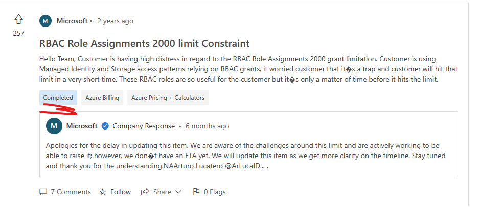 DavidePollicin's tweet photo. Did you know that you can suggest a feature or report a bug, at feedback DOT azure DOT com? 
https://t.co/BXatlLPTpx 
I would anyway archive the completed requests. https://t.co/hN0jZc06ab