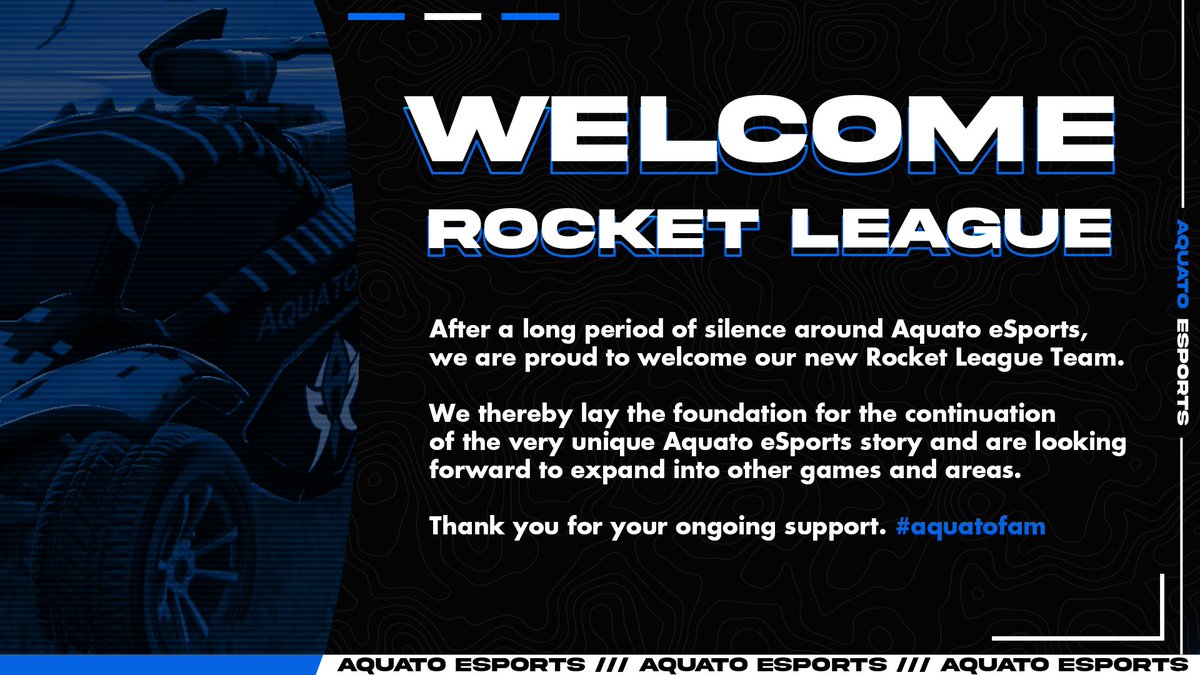 AQUATO ROCKET LEAGUE 2023🚀

After a long period of silence around Aquato eSports,
we are proud to welcome our new Rocket League Team.

Thank you for your ongoing support. 
We are back! #aquatofam 💙👀