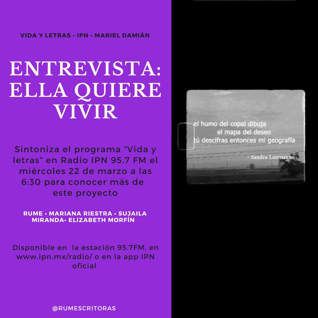 Con la gran noticia de que el miércoles podrán escuchar a algunas de nuestras queridas integrantes del proyecto “Ella quiere vivir” en entrevista para Radio IPN. No se lo pierdan!