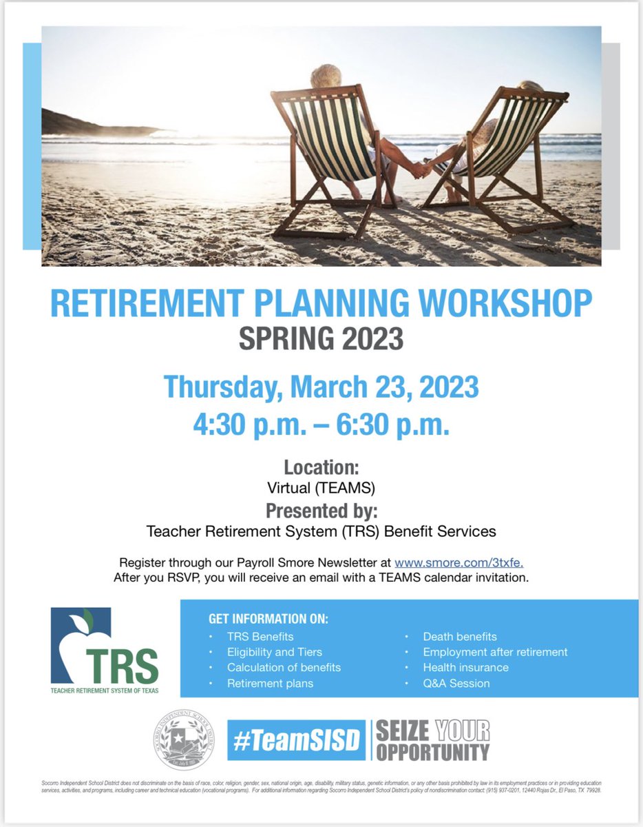 SISD_Payroll's tweet photo. #TeamSISD Planning on retiring and need retirement guidance. Attend our Spring 2023 retirement planning workshop Thursday, March 23rd Presented by @SISD_Payroll Register here: https://t.co/2WwQpHi656 https://t.co/AtFsqBNs9h