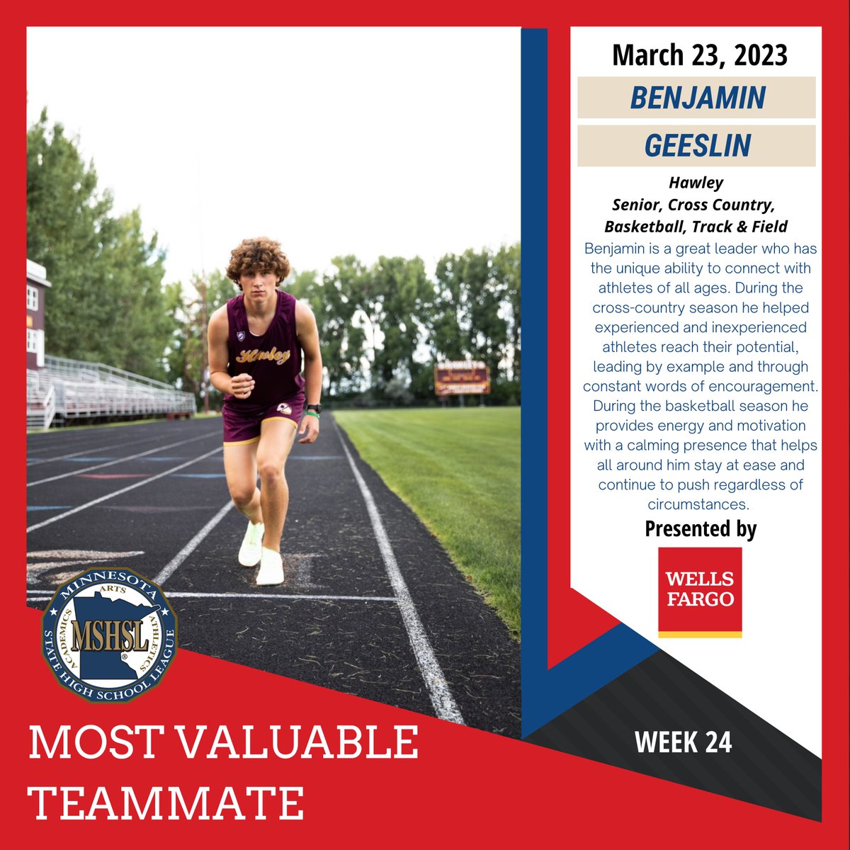 John Millea (@mshsljohn) on Twitter photo Congratulations to this week's #mshsl Most Valuable Teammate, Benjamin Geeslin of Hawley.
MVT is sponsored by <a href="/WellsFargo/">Wells Fargo</a> Congratulations to this week's #mshsl Most Valuable Teammate, Benjamin Geeslin of Hawley.
MVT is sponsored by <a href="/WellsFargo/">Wells Fargo</a>