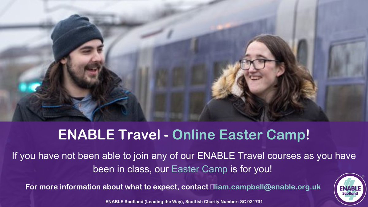 Enable (@enable_tweets) on Twitter photo 📢 ENABLE Travel - Easter Camp!
Are you 16+ and getting ready to leave school? Is independent travel a barrier for you?
Sign up to our online ENABLE Travel Easter Camp!
📅 5 & 6 March or 12 & 13 March
👉 forms.office.com/e/MZrCswjnea
<a href="/transcotland/">Transport Scotland</a> <a href="/PathsforAll/">Paths for All</a> #scsp #pathsforall 📢 ENABLE Travel - Easter Camp!
Are you 16+ and getting ready to leave school? Is independent travel a barrier for you?
Sign up to our online ENABLE Travel Easter Camp!
📅 5 & 6 March or 12 & 13 March
👉 forms.office.com/e/MZrCswjnea
<a href="/transcotland/">Transport Scotland</a> <a href="/PathsforAll/">Paths for All</a> #scsp #pathsforall