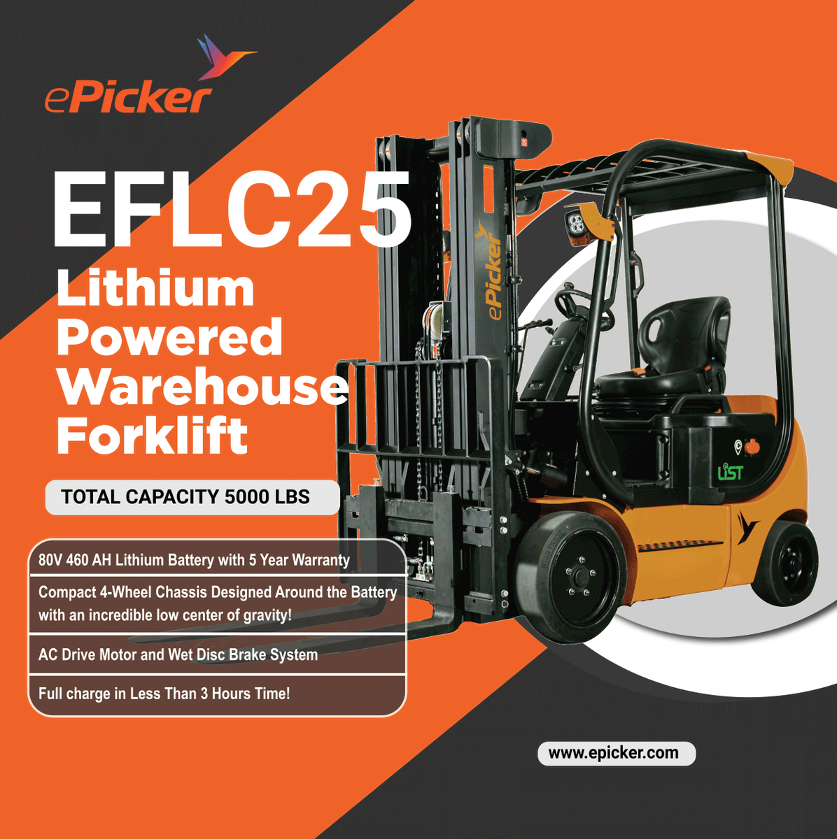 ePickerLifts's tweet photo. ePicker’s new line of forklifts includes our 5,000 lb. capacity EFLC25. This Class 1, cushioned tire truck is designed for a level of performance that will consistently boost your operation’s productivity! https://t.co/K0OYYWqHQl