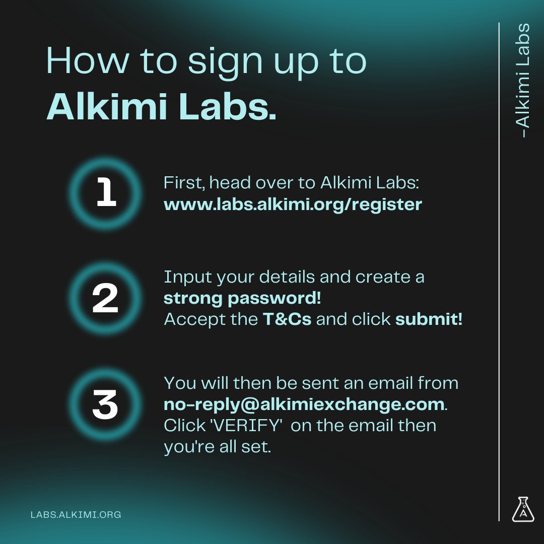 AlkimiExchange's tweet photo. New to staking? Let us explain!
To make staking your $ADS easier than ever, we built Alkimi Labs - our all-in-one Alkimi Hub and staking platform!
Let us show you how to sign up, click this link (https://t.co/nQJTYnwz6H) and follow the graphic below! 🧪
$ADS #LabsWeek https://t.co/uN0AFzzVSU