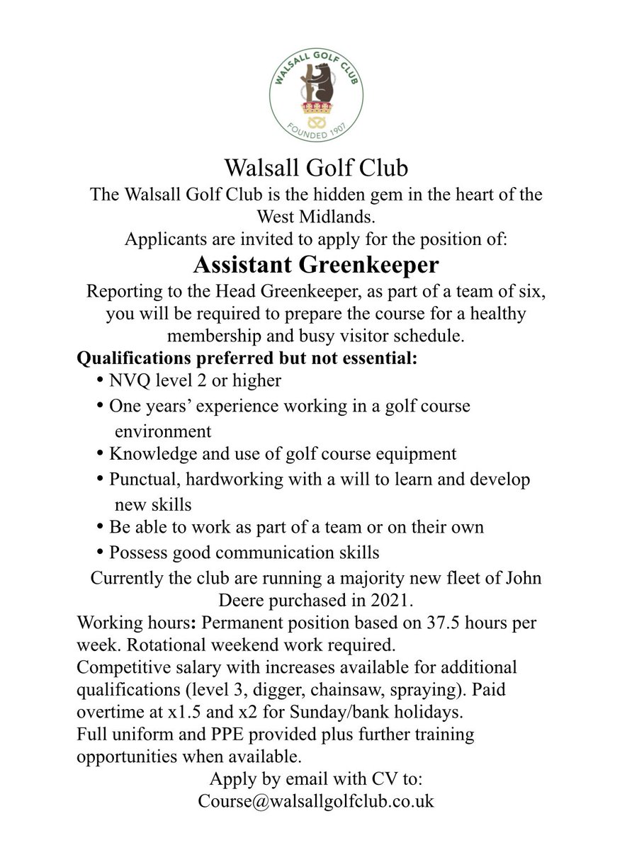 We’re hiring at <a href="/WalsallGC/">Walsall Golf Club</a> details below to apply