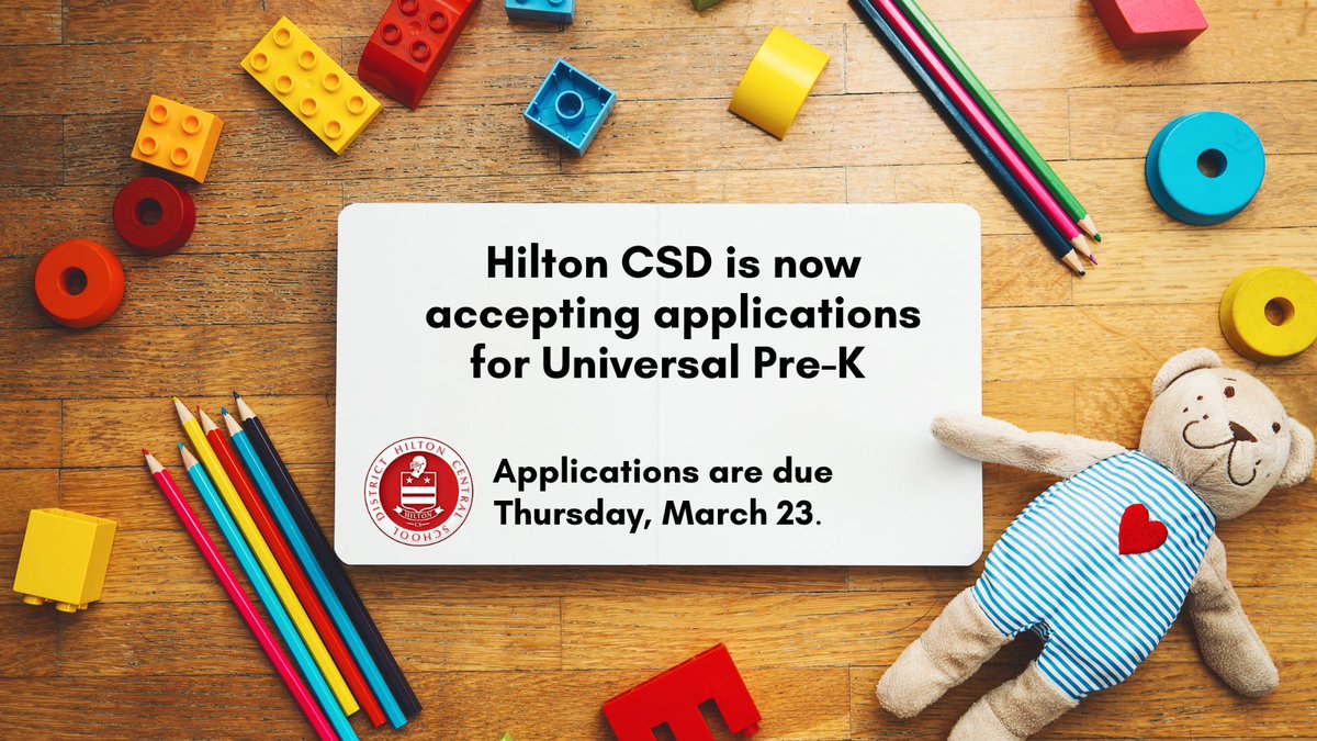 Just a friendly reminder, Hilton CSD Universal Pre-Kindergarten applications are due this Thursday, 3/23. If you have a child born between 12/2/18 and 12/1/19 &amp; did not receive UPK information via email, please call 392-1000, ext. 7031.