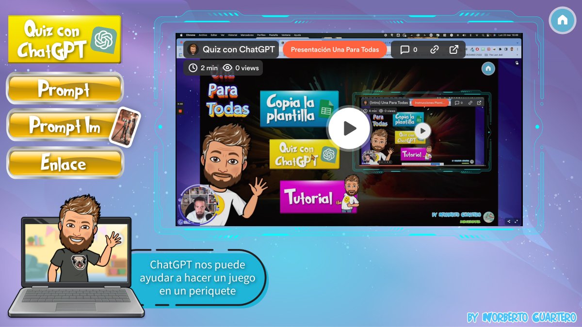 Os presento #UnaParaTodas, mi proyecto personal de #GoogleInnovator. Crea un #Quiz compatible con muchas plataformas utilizando <a href="/ChatGPTBot/">ChatGPT ✨</a> y #GoogleSheets . Te invito a probar👉view.genial.ly/637886da521a1b… (FASE BETA)