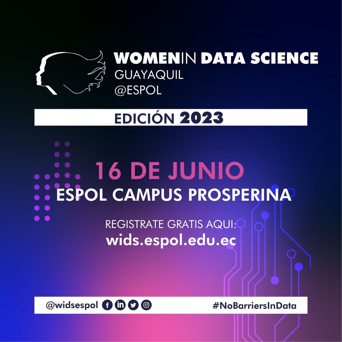 Nos complace anunciar que WiDS Guayaquil@ESPOL regresa más recargado que nunca! 🎉
¿Qué esperas para registrarte y aprender de mujeres en el campo de #DataScience? 👩🏻📊
Conoce más en el link de nuestra biografía. #SheSTEM #WIDS2023 #widsespol #WomenInScience  #NoBarriersInData