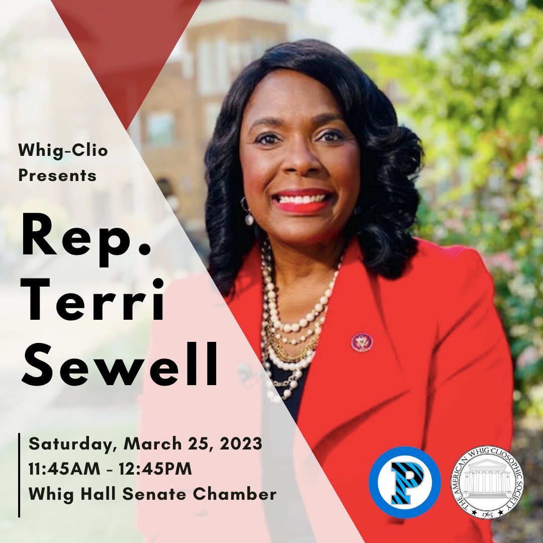 WhigClio's tweet photo. Congresswoman Terri Sewell '86 D-AL-7 will be on campus to speak &amp; meet w/students in the Whig Senate Chamber 3/25 11:45-12:45PM. Hear about her experiences representing  Alabama in Congress and gain insight into her outlook for the future of policymaking! Lunch will be provided. https://t.co/VaK4G25lul