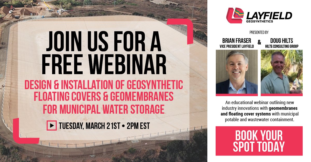 LayfieldContain's tweet photo. Join us on March 21 at 11:00 AM PST / 2 PM EST for a free webinar to learn about best practices for designing &amp; installing floating covers and geomembrane liners, including advantages for municipal water storage.

https://t.co/lOsrXKlsdF

#Geomembrane #Engineers #WaterDistricts https://t.co/1ezPT2rqED