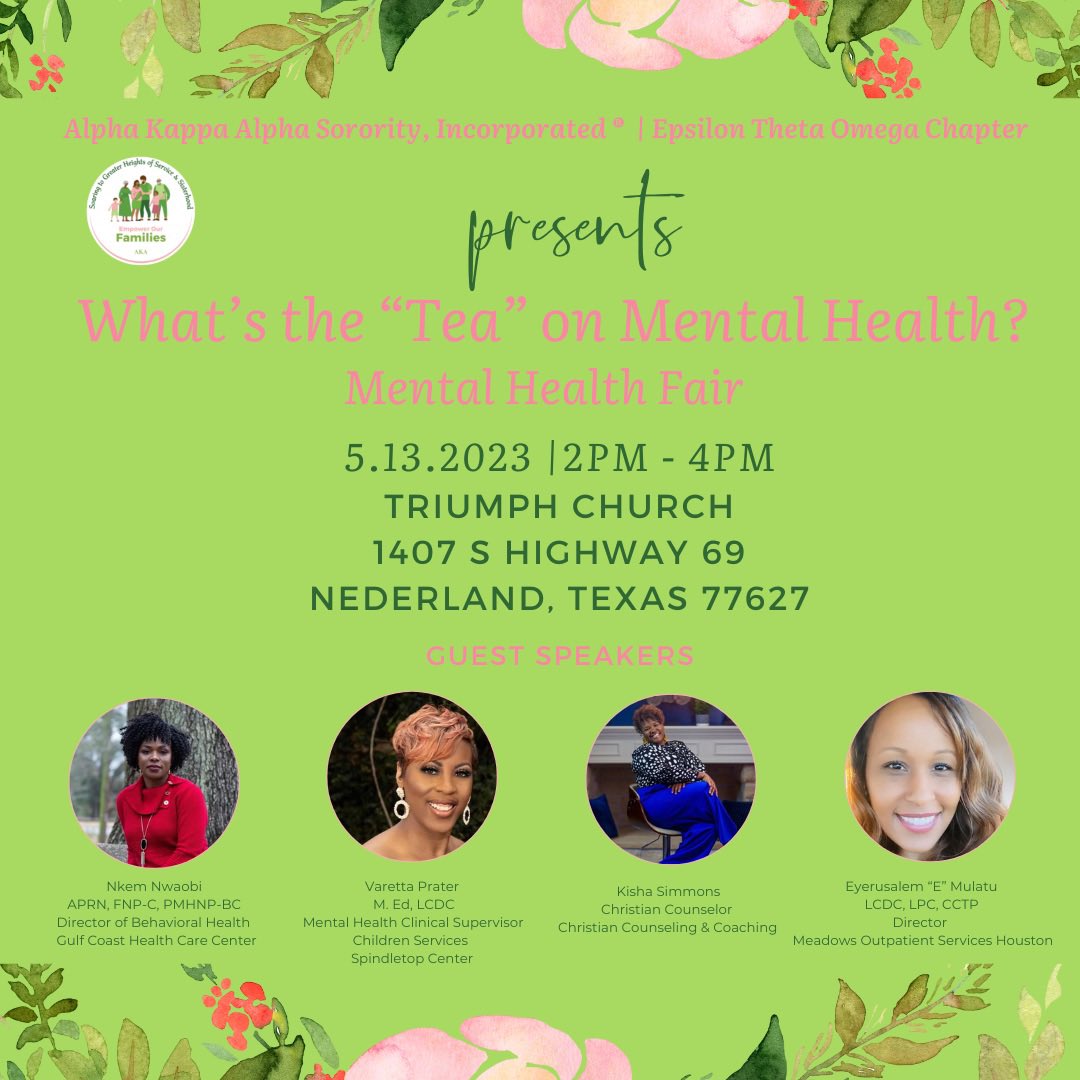 eto_aka's tweet photo. In honor of Mental Health Awareness Month, we invite all women as we seek to educate, empower, and equip our community about signs and symptoms, mental professionals, and resources to foster better mental and physical wellbeing.
#AKA1908 #EmpowerOurFamilies #MentalHealthAwareness https://t.co/h7XKPEUeM5
