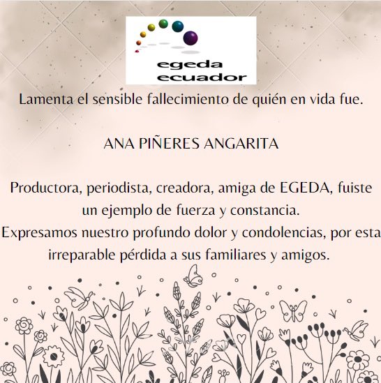 Desde Egeda Ecuador, su Consejo Directivo y Comité de Monitoreo, expresamos nuestro profundo dolor por la partida de nuestra amiga <a href="/Anavitrola/">SOY ANA (no ANITA) 🏳️‍🌈</a>, maravillosa productora audiovisual colombiana que nos dio ejemplo de lucha por el audiovisual. Te vamos a extrañar Ana.