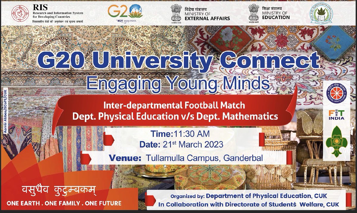cukmrofficial's tweet photo. #G20India   
G20 University Connect "Engaging Young Minds" Inter-departmental Football Match (21st March 2023 11:30 am at Tulmulla Campus, Ganderbal, J&amp;K India) @EduMinOfIndia @PMOIndia @OfficeOfLGJandK @dpradhanbjp @atahasnain53 @mygovindia https://t.co/3PhWYvMk9E