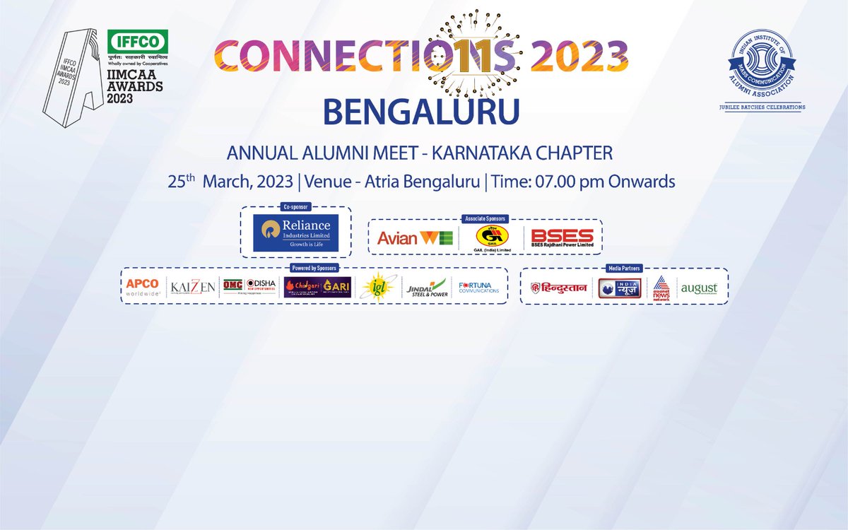 Karnataka Chapter's Meet- Connections 2023 Bengaluru on 25th March at Atria Bengaluru, 7.00 PM onwards #IIMC #IIMCAA #Connections #Bengaluru #Karnataka 

<a href="/Rajender_69/">Rajender Kataria</a> <a href="/arhemant/">AR Hemant</a> <a href="/paapus/">Chaithanya</a> <a href="/pujaupadhyay_/">Puja Upadhyay</a> <a href="/chitraSD/">Chitra Subramaniam</a> <a href="/kalyan0302/">Kalyan Ranjan</a> <a href="/BiswasAnimesh/">Animesh Biswas 🇮🇳 অনিমেষ বিশ্বাস</a> <a href="/sunnylamba/">sunnylamba</a> <a href="/CallmeDhir/">Free Radical</a> <a href="/SezelLalwani/">Sezel Lalwani</a>