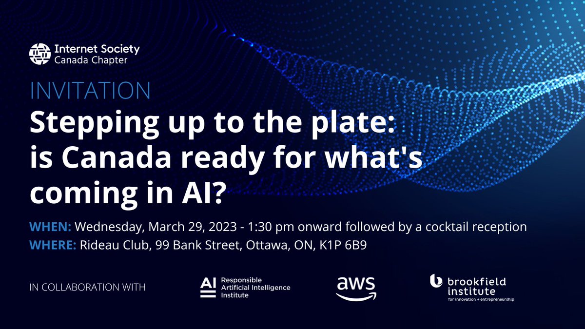 YOU'RE INVITED: From government readiness to regulations and fundamental research...
Is 🇨🇦 ready for what's coming in #AI?

Join us Wed Mar 29 @ <a href="/rideauclub/">Rideau Club</a> for a series of panels with expert public policy leaders.

<a href="/awscloud/">Amazon Web Services</a> @ResponsibleAI @BrookfieldIIE ow.ly/9XKN50NeLO3