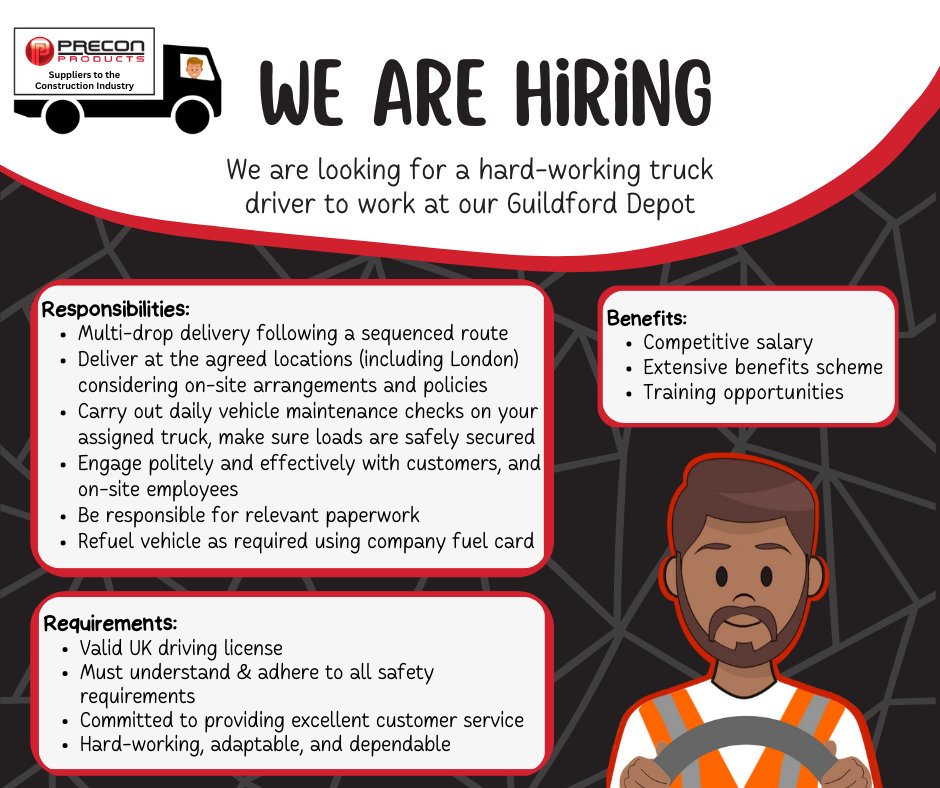 We are #hiring
We are looking for a hard working truck driver to join our Guildford team! If you are interested in this role please email billy.neal@preconproducts.co.uk or ring 01483 671156

#guildfordjobs #surreyjobs #drivingjobs #constructionjobs