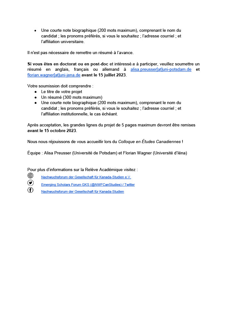 Notre Colloque en Études Canadiennes offre une plateforme en ligne aux jeunes chercheur.e.s
pour discuter de leurs projets de recherche en cours avec des pairs et des experts dans le domaine

⚠️date limite: 15 juin (PhD/Postdoc) / 15 oct (BA/MA)
🗓️16 nov
🔗nachwuchsforum.net/index.php?/arc…