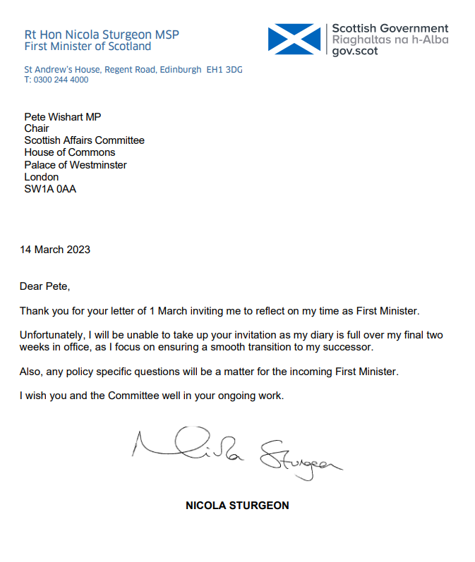 Mar 1: Sturgeon invited to Scottish Affairs Committee Mar 14: 'Unfortunately, I will be unable to take up your invitation as my diary is full over my final two weeks in office, as I focus on ensuring a smooth transition.' Today: Sturgeon on Loose Women on same day as committee