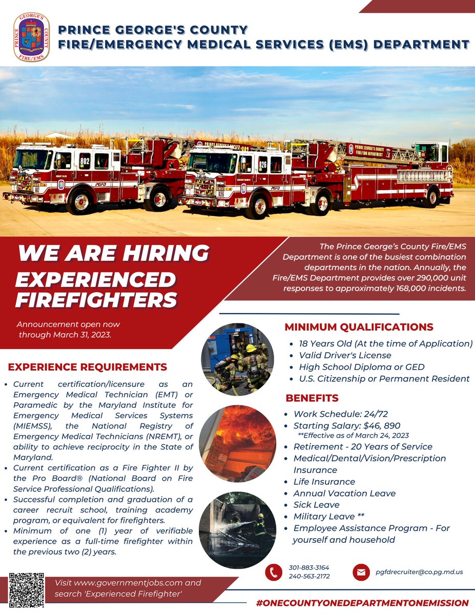 Application for Experience Firefighters is open through March 31, 2023.

governmentjobs.com/careers/pgc/jo…