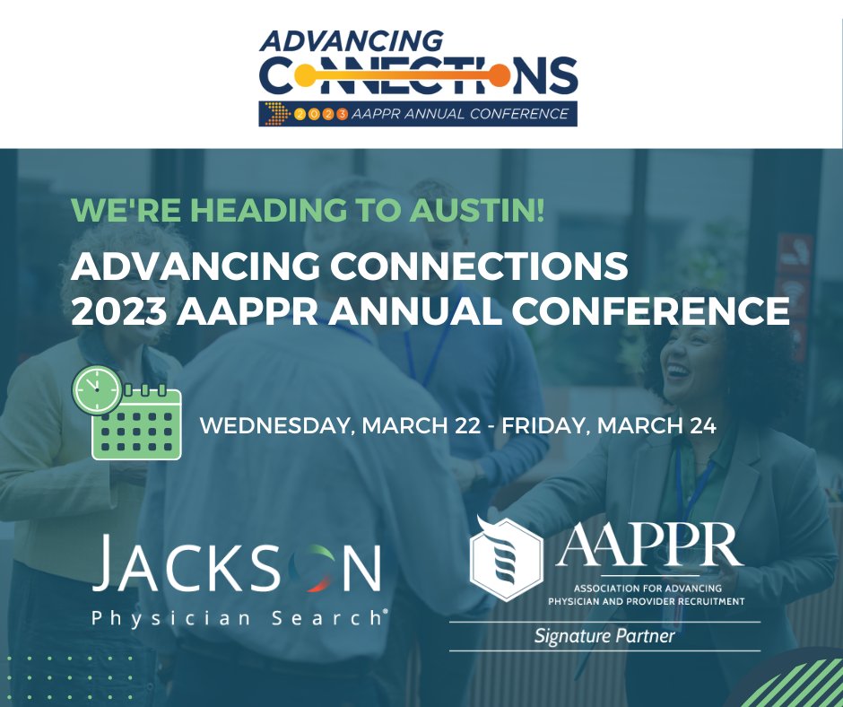 Jackson_Search's tweet image. We&apos;re excited that the Advancing Connections 2023 AAPPR Conference is this week! This event is always a wonderful opportunity to share professional ideas and learn from others in the #physicianrecruitment industry. We hope to see you there! #AAPPR2023
