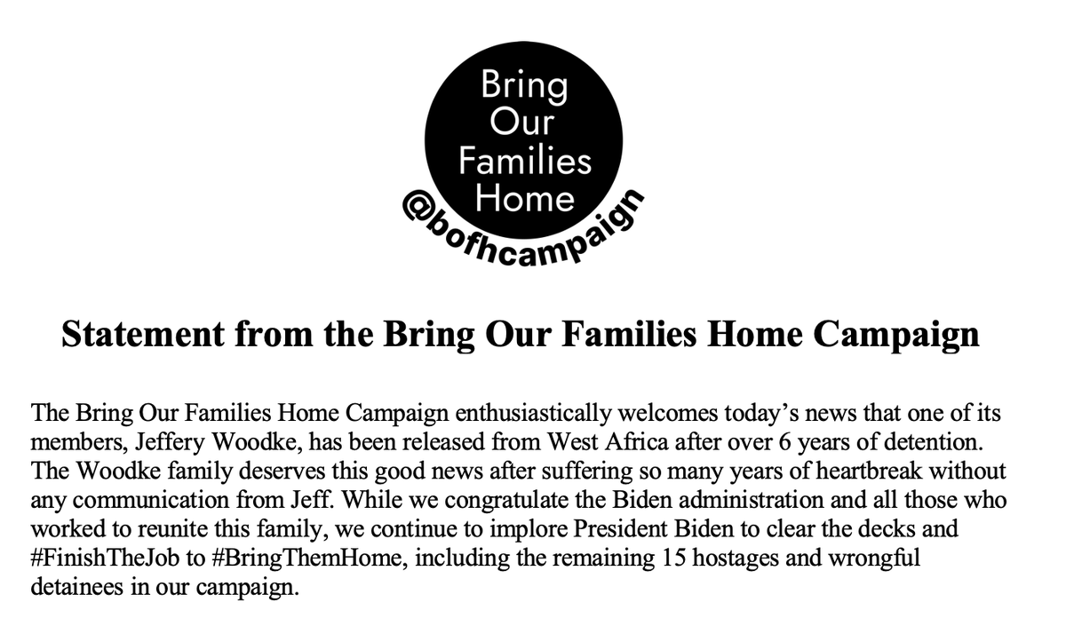 Welcome home, Jeffery Woodke! This is our campaign's first homecoming of 2023. @POTUS, what are you doing to make sure it's not the last? We have 15 other families that need you to #FinishTheJob to #BringThemHome.