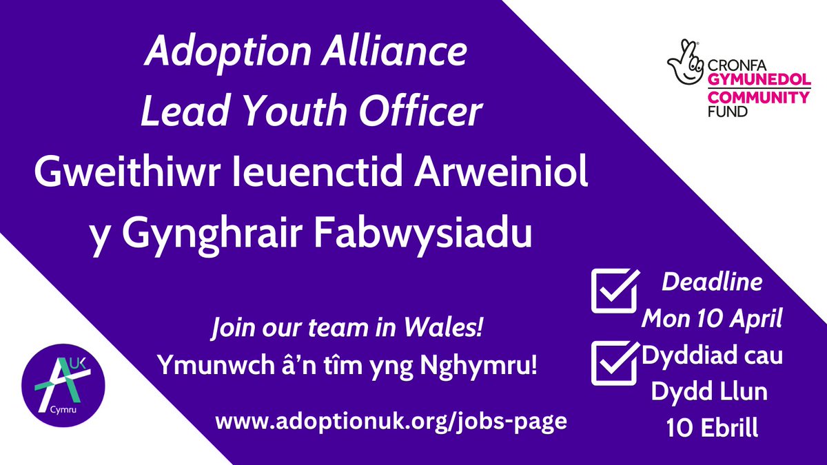 📢 Swydd wag 📢
Gweithiwr Ieuenctid Arweiniol y Gynghrair Fabwysiadu.
Ymunwch â’n tîm.  

📍Wedi'i leoli gartref (Gogledd Cymru)
💵 30 awr yr wythnos - £28,988 - £32,094 Pro rata
📅 Dyddiad cau - Dydd Llun, 10fed Ebrill
🔗 adoptionuk.org/adoption-allia…