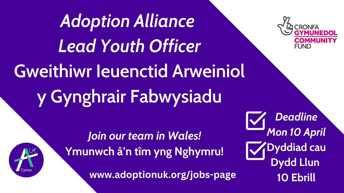 📢 Swydd wag 📢 Gweithiwr Ieuenctid Arweiniol y Gynghrair Fabwysiadu. Ymunwch â’n tîm. 📍Wedi'i leoli gartref (Gogledd Cymru) 💵 30 awr yr wythnos - £28,988 - £32,094 Pro rata 📅 Dyddiad cau - Dydd Llun, 10fed Ebrill 🔗 adoptionuk.org/adoption-allia…