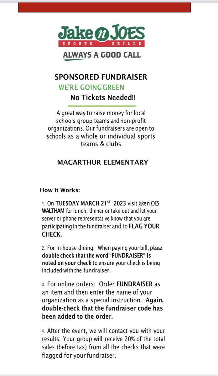Reminder - Our Jake n Joes Restaurant Night is tomorrow! Dine in or take out to support MacArthur! 🍽️👍🏼