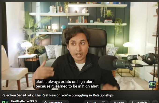 Rejection Sensitivity: The Real Reason You're Struggling in Relationships
HealthyGamerGG
1.24M subscribers
https://www.youtube.com/watch?v=ACI7xDjajPg
Rejection sensitivity is actually an Adaptive survival mechanism to non-ideal environment growing up. Extreme example: not feeling safe, secure. Children learn how can I read any subtle sign to avoid pissing them off.
If they blame you for their bad mood and then punish you for annoying them then you will become sensitive to rejection. You walk on egg shelves, you're hyper-vigilant to mood. Can tell within second, it is so rapid, go in survival mode.
Anxious expectation. Sensitive to rejection always worry and expecting rejection. You constantly thinking or waiting to be rejected. So you can't just be yourself and relax. You have to constantly think about how this person is going to respond.
Ready Perception. This means there is neutral stimuli that you will perceive as negative. Someone don't respond. Your brain will interpret neutral s