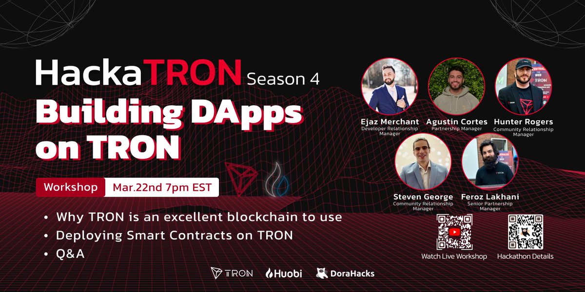 DoraHacks's tweet image. Your #HackaTRON mentors gathered!
New workshop scheduled: Building Dapps on @trondao 
⏰7pm EST, Mar 22nd
🧑‍🏫 DevRel, partnership and community managers @trondao 
📺YTB: youtube.com/live/mUmgVEGiL…
BinanceLive: binance.com/en/live/video?…