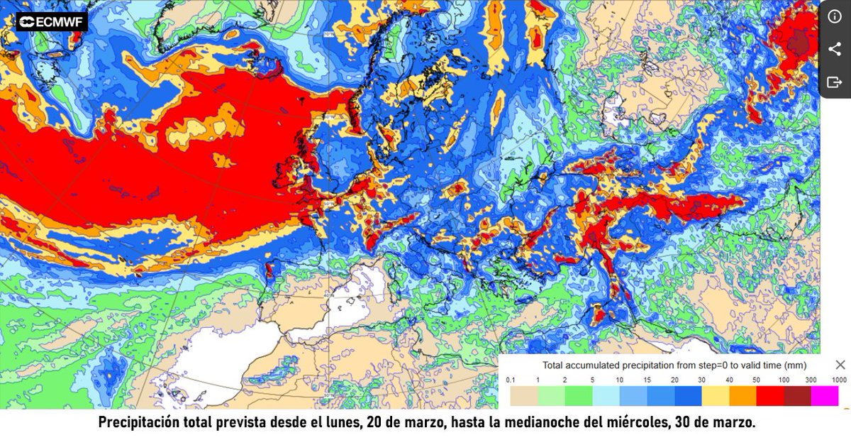 AEMET_Esp's tweet photo. Durante los próximos diez días, las borrascas circularán por latitudes superiores a las nuestras y su influjo únicamente se notará en Galicia y zonas próximas. En el resto del país, las lluvias serán muy escasas o nulas.
Si se cumple, marzo acabará más seco y cálido de lo normal. https://t.co/oAQAO8oqP0