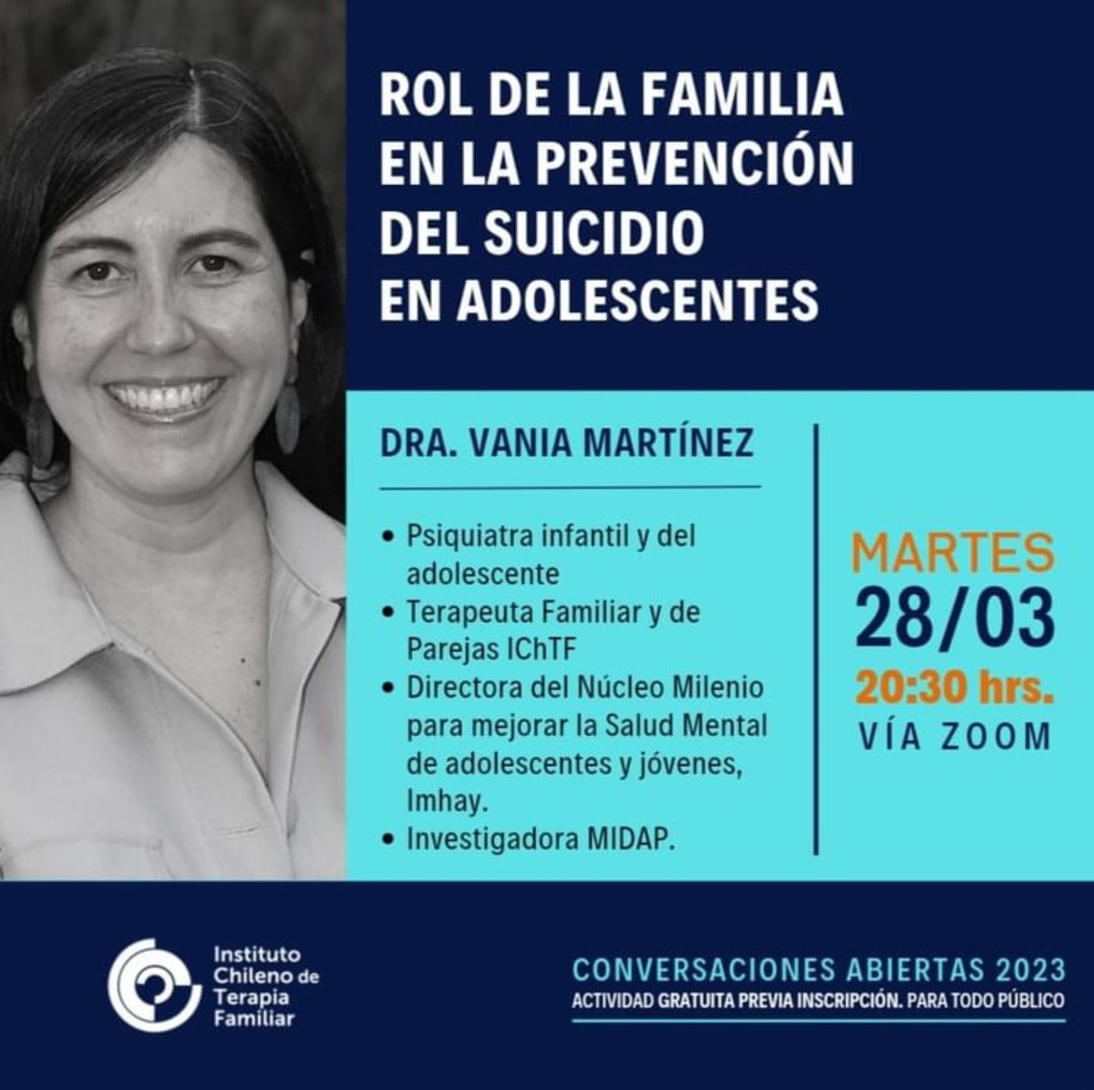 nucleoimhay's tweet photo. ¡PASA EL DATO!🗣
El @IChTF1  está organizando esta actividad donde la directora de #Imhay @CentrosAnid  entregará tips para que las familias puedan identificar las señales de alerta para prevenir la conducta suicida en jóvenes.

INSCRIPCIONES GRATUITAS: https://t.co/sQ6oF2f0he https://t.co/OtNt7Is0TN