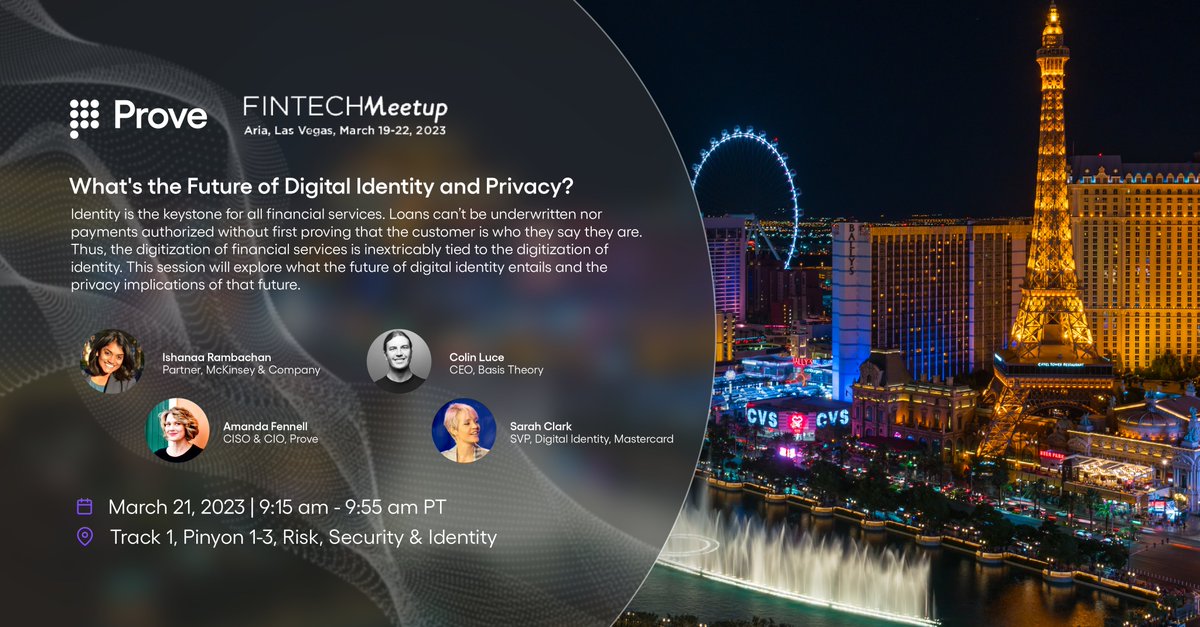 ProveIdentity's tweet photo. 📢 Tomorrow at @FintechMeetup: Join @ProveIdentity's Amanda Fennell, @Mastercard's Sarah Clark, @McKinsey &amp; Company's Ishanaa Rambachan, and @basistheory's Colin Luce, for an insightful session on the future of #digitalidentity and privacy! 💻🔒

#fintechmeetup #fintech https://t.co/BShIVZuDEi
