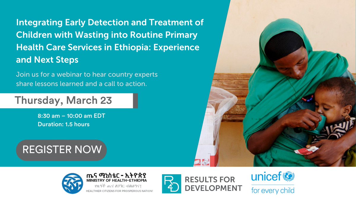 💻 March 20: Join R4D, <a href="/UNICEF/">UNICEF</a> &amp; <a href="/FMoHealth/">Ministry of Health ETHIOPIA</a> for a webinar on Ethiopia's experience in integrating child wasting services into primary health care. Integration can help increase coverage &amp; equity of services—&amp; ensure programmatic &amp; financial sustainability. loom.ly/z2bG_sc