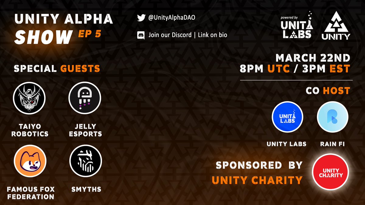 UnityAcademy's tweet photo. ⛩ Unity Alpha Show EP.5 ⛩

📅 WEDNESDAY | 8PM UTC • 3PM EST

⛩ Sponsor: @UnityCharity_ 

⛩ Guests:
@TaiyoRobotics 
@JellyCoNFT 
@FamousFoxFed 
@SmythsNFT 

⛩ Co Hosts:
@UnityLabs__ 
@rainfi_

🎉 Follow • RT • Tag 5 Friends

SET REMINDERS ⏰👇

#NFTs #NFTgiveaway #DeGods https://t.co/d8qv8hL9NY