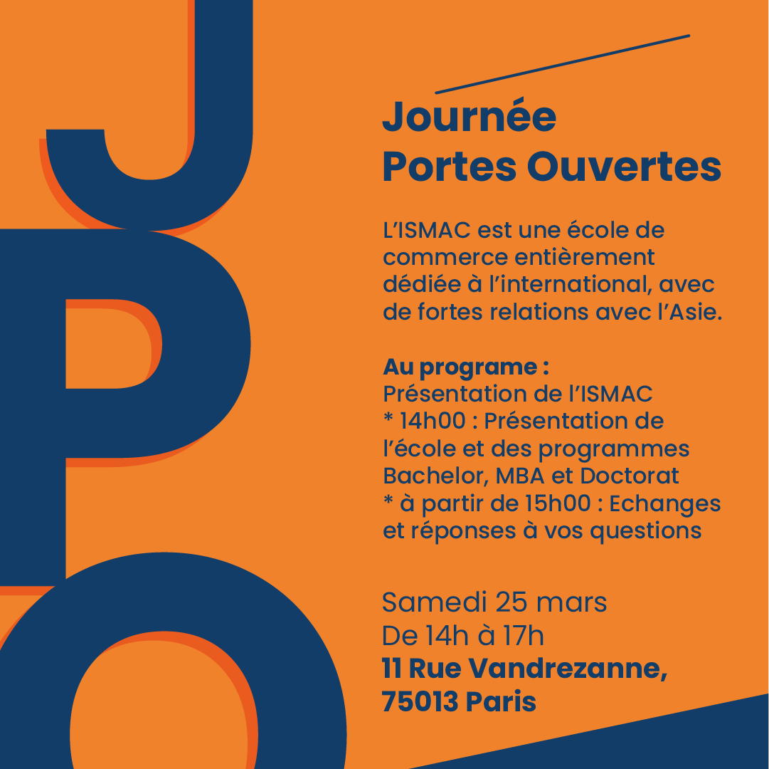 ISMAC_Paris's tweet photo. JPO ISMAC DU SAMEDI 25 MARS

Vous voulez poursuivre des études dans la filière Commerce International ?
Participez à notre événement Conférence Portes Ouvertes.
🗓 : samedi 25 mars
⏰: de 14h à 17h
📍 : 11 rue Vandrezanne, 75013 (inscription obligatoire)
https://t.co/jYir2yTuMy https://t.co/gYfL2mu3wS