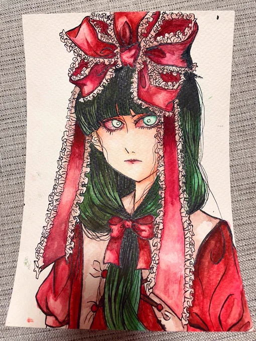 線画、背景差分追加。やはり目玉、唇の血管を見て頂きたいちなみに絵の具の色は3色ほどに絞って描いた絵。満足 