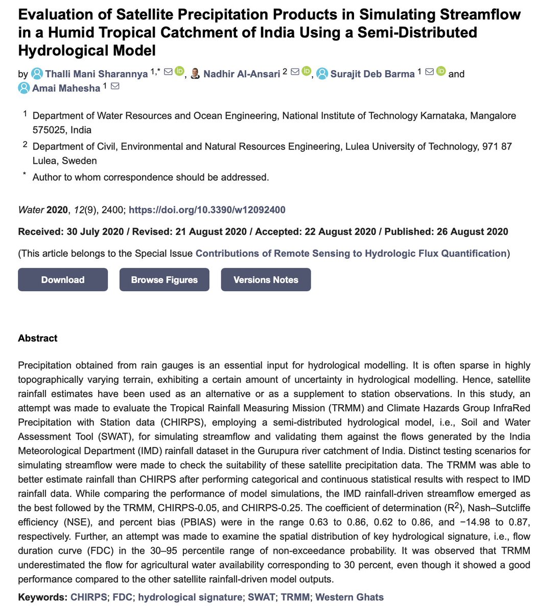 📢 📢 Mar23 #sciencehighlights: Sharannya et al., 2020: (@surajitdb):
Evaluation of Satellite Precipitation Products in Simulating Streamflow in a Humid Tropical Catchment of India Using a Semi-Distributed Hydrological Model.
PopularSummary: connect.agu.org/hydrology/abou…