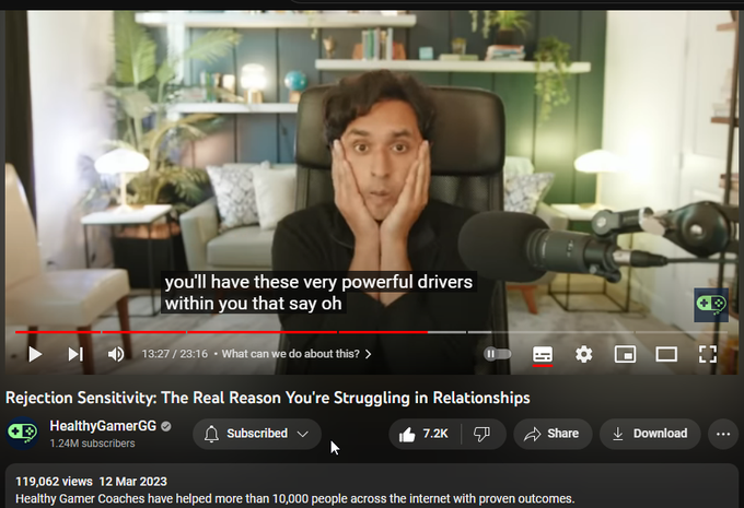 Rejection Sensitivity: The Real Reason You're Struggling in Relationships
HealthyGamerGG
1.24M subscribers
https://www.youtube.com/watch?v=ACI7xDjajPg
Rejection sensitivity is actually an Adaptive survival mechanism to non-ideal environment growing up. Extreme example: not feeling safe, secure. Children learn how can I read any subtle sign to avoid pissing them off.
If they blame you for their bad mood and then punish you for annoying them then you will become sensitive to rejection. You walk on egg shelves, you're hyper-vigilant to mood. Can tell within second, it is so rapid, go in survival mode.
Anxious expectation. Sensitive to rejection always worry and expecting rejection. You constantly thinking or waiting to be rejected. So you can't just be yourself and relax. You have to constantly think about how this person is going to respond.
Ready Perception. This means there is neutral stimuli that you will perceive as negative. Someone don't respond. Your brain will interpret neutral s