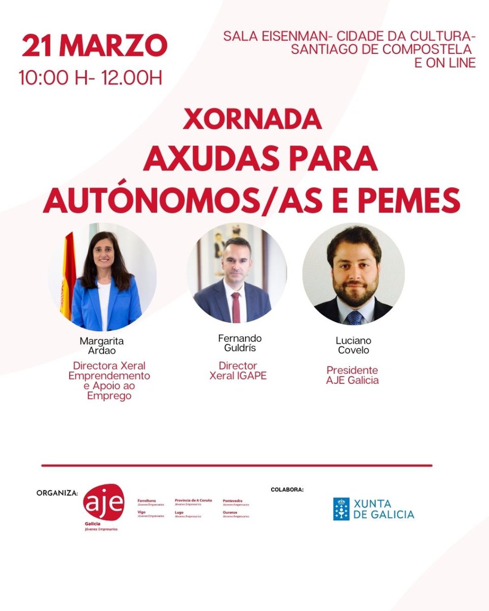🙋♀️📣Que axudas ofrecemos a empresas e persoas autónomas? 

🗓 Contámolo na xornada de MAÑÁ, martes, 21 de marzo, ás 10 horas, en Santiago de Compostela.
Se non podes asistir, podes seguirnos de xeito virtual 👩💻

INSCRICIÓNS en ⤵

📝🔗
docs.google.com/forms/d/18qeeC…