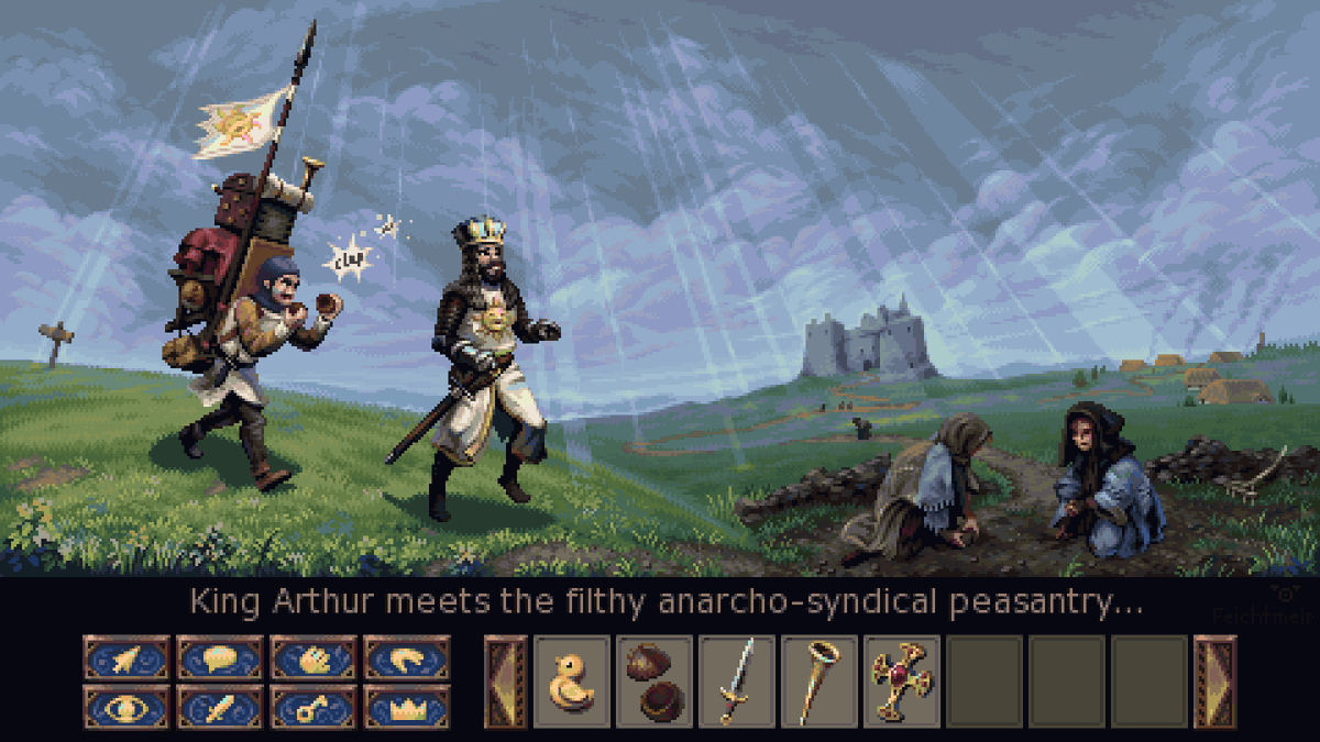 cyangmou's tweet photo. Monty Python and the Holy Grail 
reimagined as #pixelart point&amp;click adventure https://t.co/WsmpYWDSrG