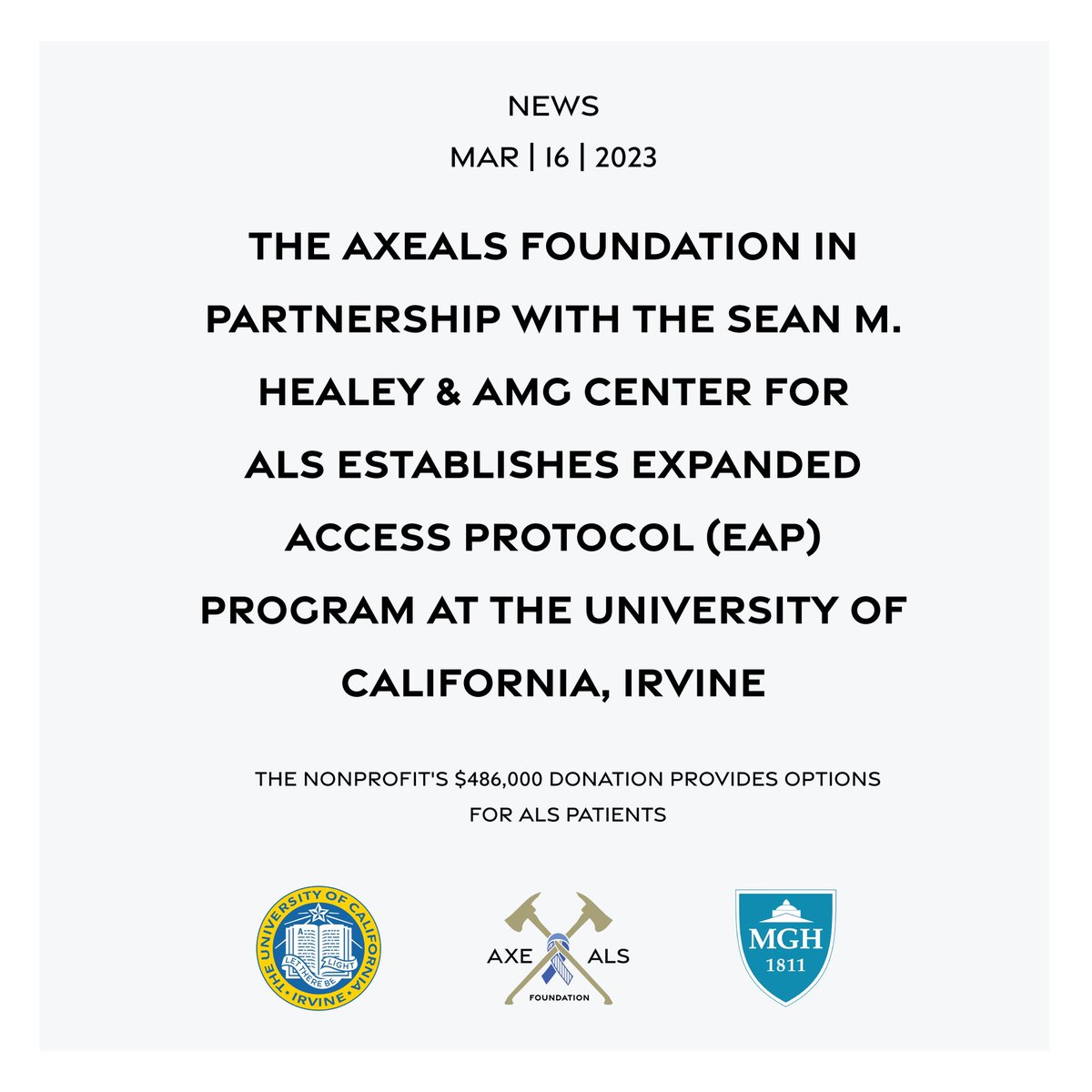 stevens_nation's tweet image. Exciting news—we’ve partnered with MGH to establish a new #EAP program at UC Irvine! 

We have always advocated for the accessibility of new drugs &amp;amp; this new program will give many #ALS patients the access they’ve been waiting for. #axeALS 

massgeneral.org/neurology/als/…
