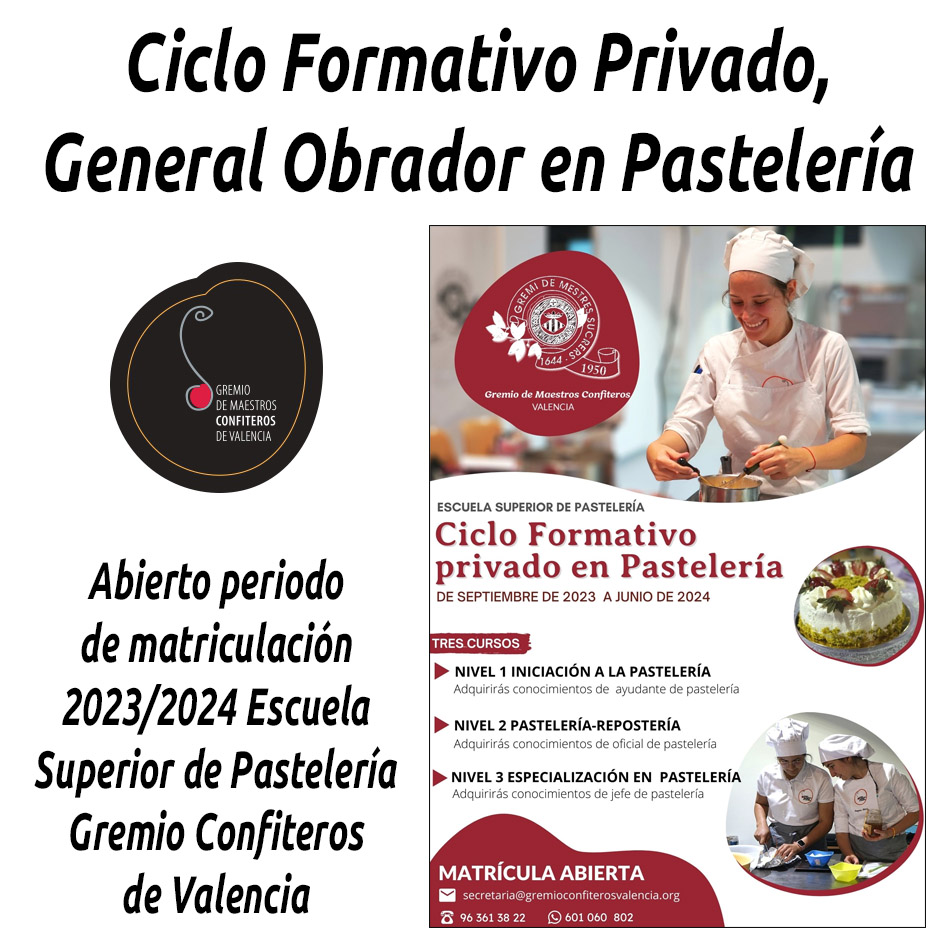 hosteleriaenvlc's tweet image. CICLO FORMATIVO PRIVADO, GENERAL OBRADOR EN PASTELERÍA

hosteleriaenvalencia.com/noticias.asp?i…

@confiteros #CursoObradorEnPasteleria #GremioMaestrosConfiteros #HosteleriaEnValencia #FormacionHosteleria #FormacionPasteleria #FormacionPasteleria #FormacionReposteria #Formacion #Pasteleria
