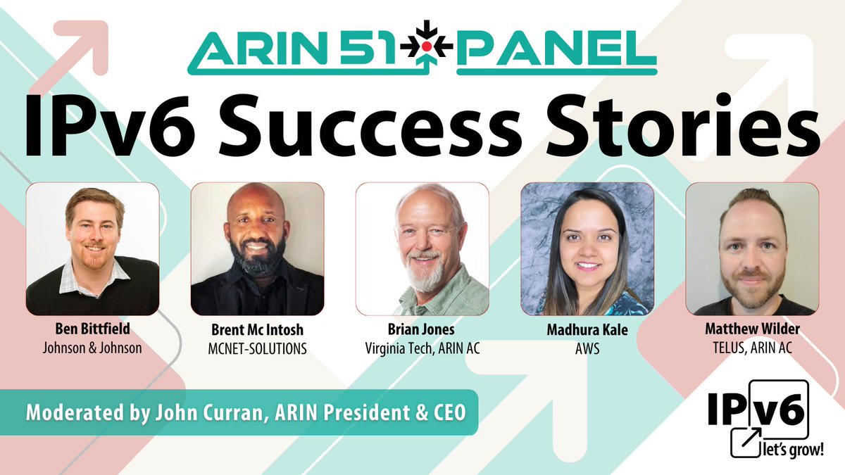 Have you registered for #ARIN51 yet? Did you see the panel discussing '#IPv6 Success Stories' we added to the agenda? Moderated by ARIN's President & CEO, @jcurranarin, you won't want to miss this chance to learn from others' deployment experiences! arin.swoogo.com/arin51/3196979