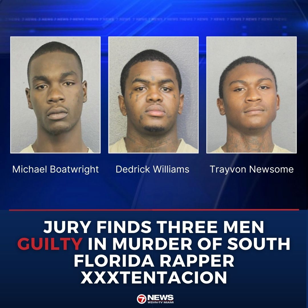 wsvn's tweet image. BREAKING: Three men were found guilty Monday of the 2018 killing of star rapper XXXTentacion, who was shot outside a South Florida motorcycle shop while being robbed of $50,000.
wsvn.com/news/local/bro…