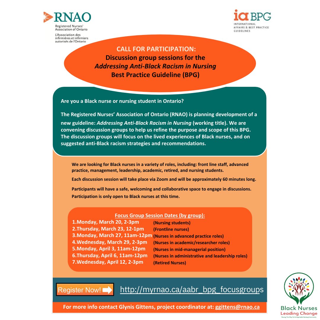 Please join @RNAO  discussion on the development of the Addressing #AntiBlackRacism Best Practice Guideline (working title). 
 
* via Zoom
* 60 minutes long 
* Safe, welcoming, & collaborative space to engage in discussions. 
 
Please REGISTER!

myrnao.ca/aabr_bpg_focus…