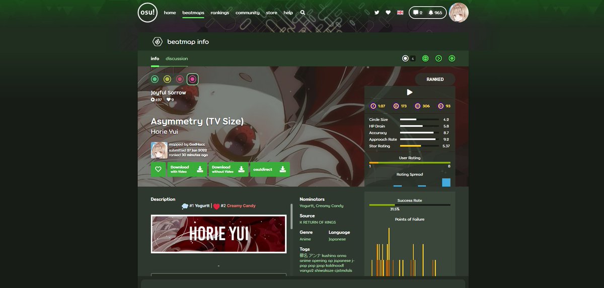 1st ranked map!

tysm to <a href="/yogurttosu/">yogurtt</a> and <a href="/CreamyCandy13/">CC</a> for the nominations and <a href="/kold_noodl/">cjstmdals</a> and <a href="/Akkeyykaze/">Akkeyy</a> for the gds =w=